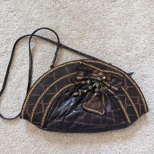 Vintage Dove Brown Leather Reptile Print Beaded Bow Crossbody Bag Purse Clutch